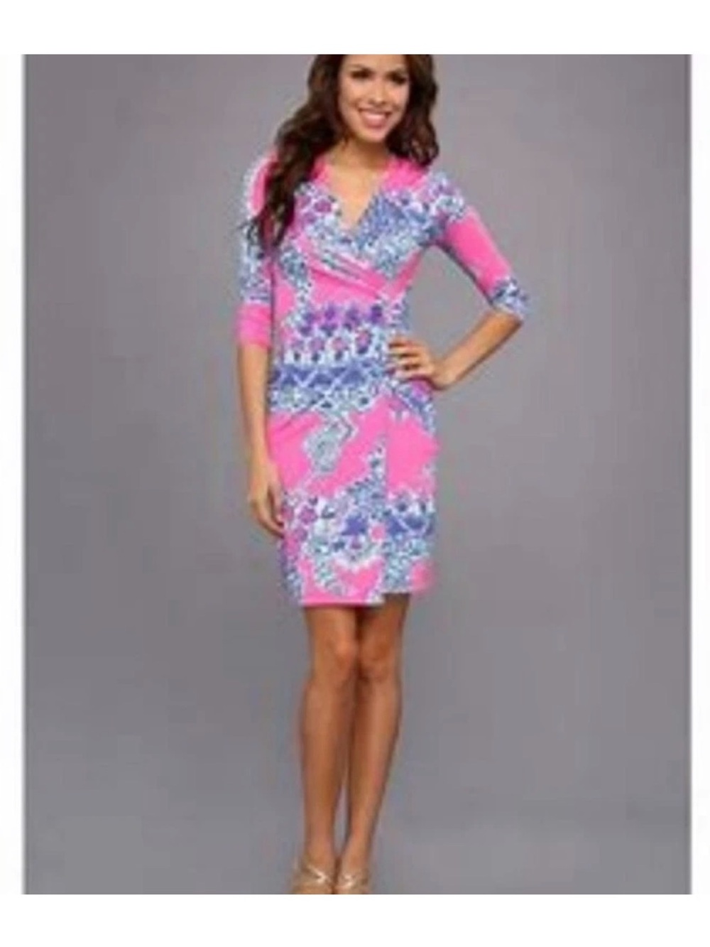 Lilly Pulitzer Yvette Dress Pink Pop On The Square Stretch Faux Wrap XS